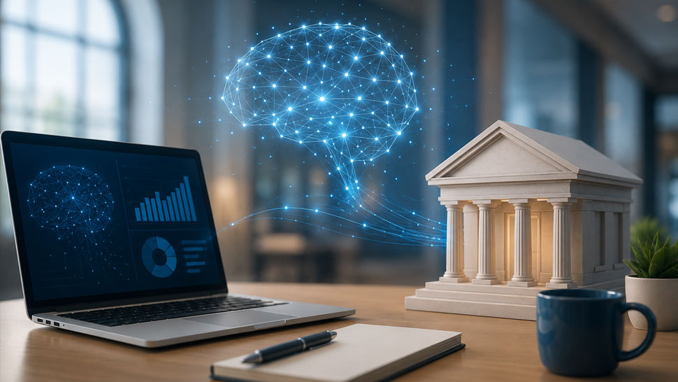 A laptop on a desk with an AI thought bubble and a traditional bank building