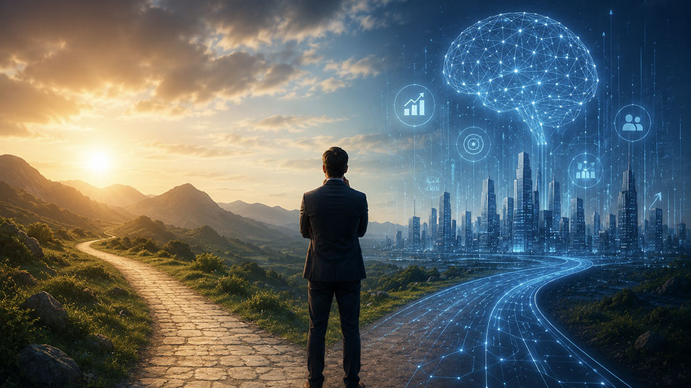 person standing at a fork in the road with sunshine on one side and AI tech on the other.